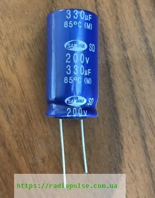 kondensator-330uf-200v-e1652167691816 Електролітичний конденсатор 330uF 200V 85C ( 330мкФ 200В 85град , 330*200*85гр ) samwha гнучкі виводи 18*35мм - Зображення 1