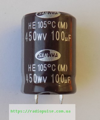 kondensator-100uf-450v-105grad Електролітичний конденсатор 100uF 450V 105C ( 100мкФ 450В 105град , 100*450В*105гр ) жорсткі виводи samwha 22*30мм - Зображення 1