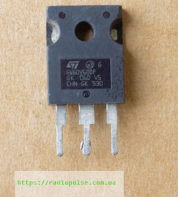 tranzistor-gw60v60df-stgw60v60df IGBT-транзистор GW60V60DF ( STGW60V60DF , GW60V60DLF ) оригінал демонтаж, TO-247(Заміна для NH28AB , HGTG20N60B3D , SGA45T60SMD ) - Зображення 1